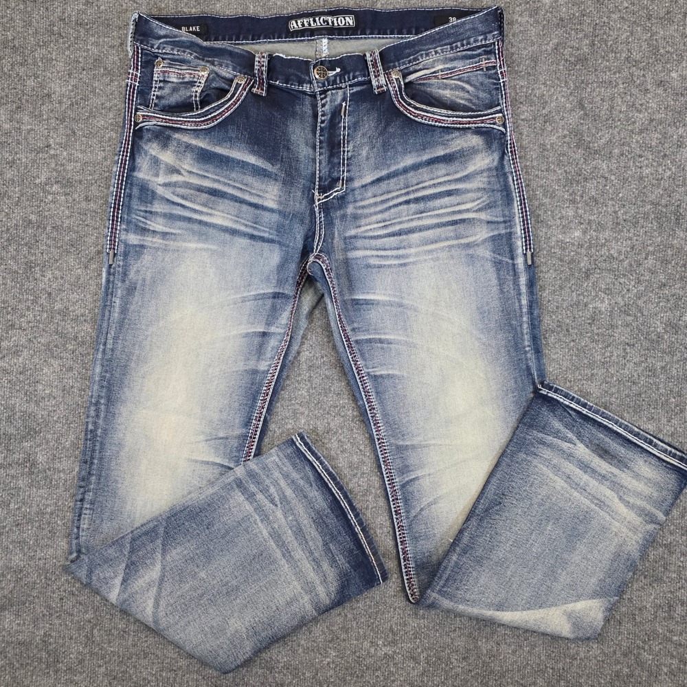 Affliction Blake Jeans Mens 38X35 Blue Fade Wash Denim Straight Goth Rock Y2K